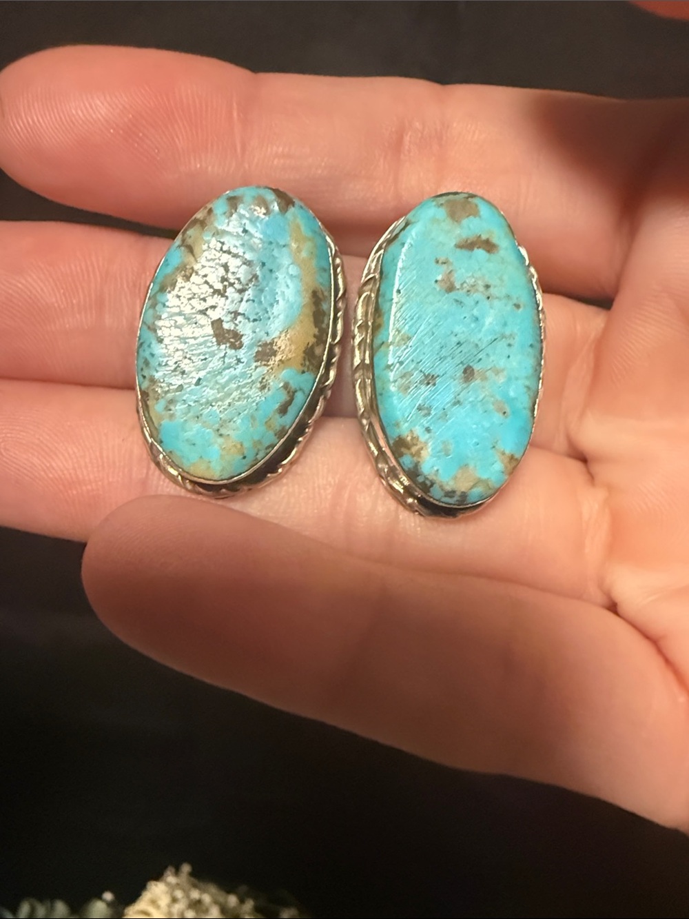 Native Stamped and “Signed”Turquoise Oval Stone Stud Earrings